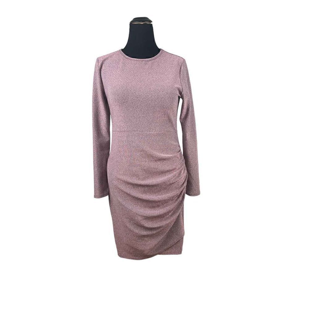 BomBom large Sexy pink sparkly ruched bodycon long sleeve holiday party dress 
￼